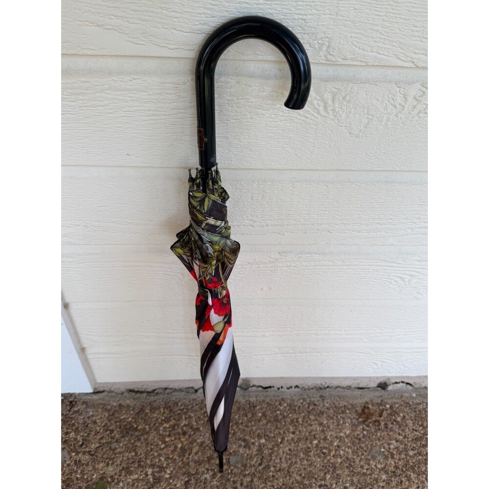 MacKenzie-Childs Flower Market Stick Umbrella Black White Floral w/ Logo Handle - Picture 3 of 7
